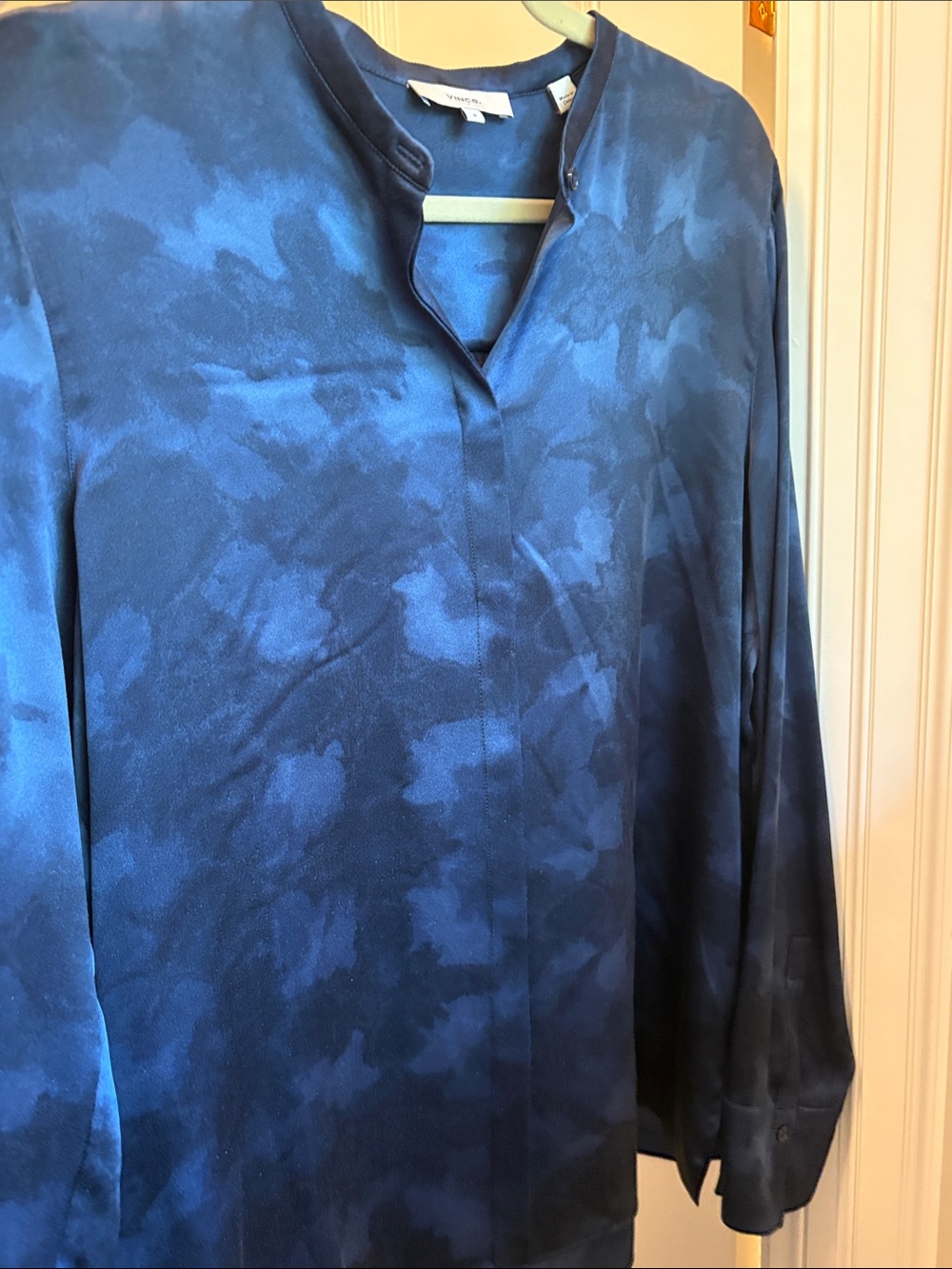 Vince Blue and Charcoal Patterned Collarless Long-Sleeve Blouse
